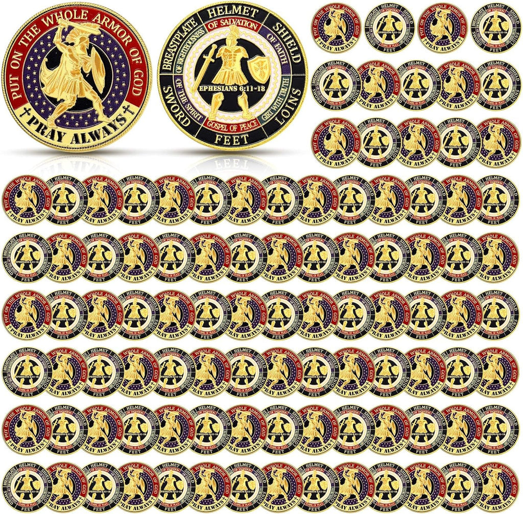 Siifert 100 Pcs Put on The Whole Armor of God Coins Bulk Christian Challenge Commemorative Religious Prayer Metal Coins Gifts for Collectors Church Party Military Souvenir Collectible