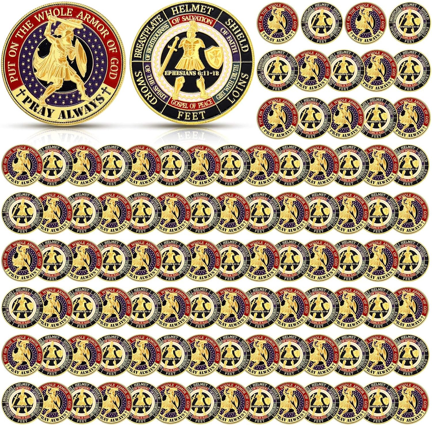 Siifert 100 Pcs Put on The Whole Armor of God Coins Bulk Christian Challenge Commemorative Religious Prayer Metal Coins Gifts for Collectors Church Party Military Souvenir Collectible