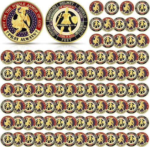 Siifert 100 Pcs Put on The Whole Armor of God Coins Bulk Christian Challenge Commemorative Religious Prayer Metal Coins Gifts for Collectors Church Party Military Souvenir Collectible