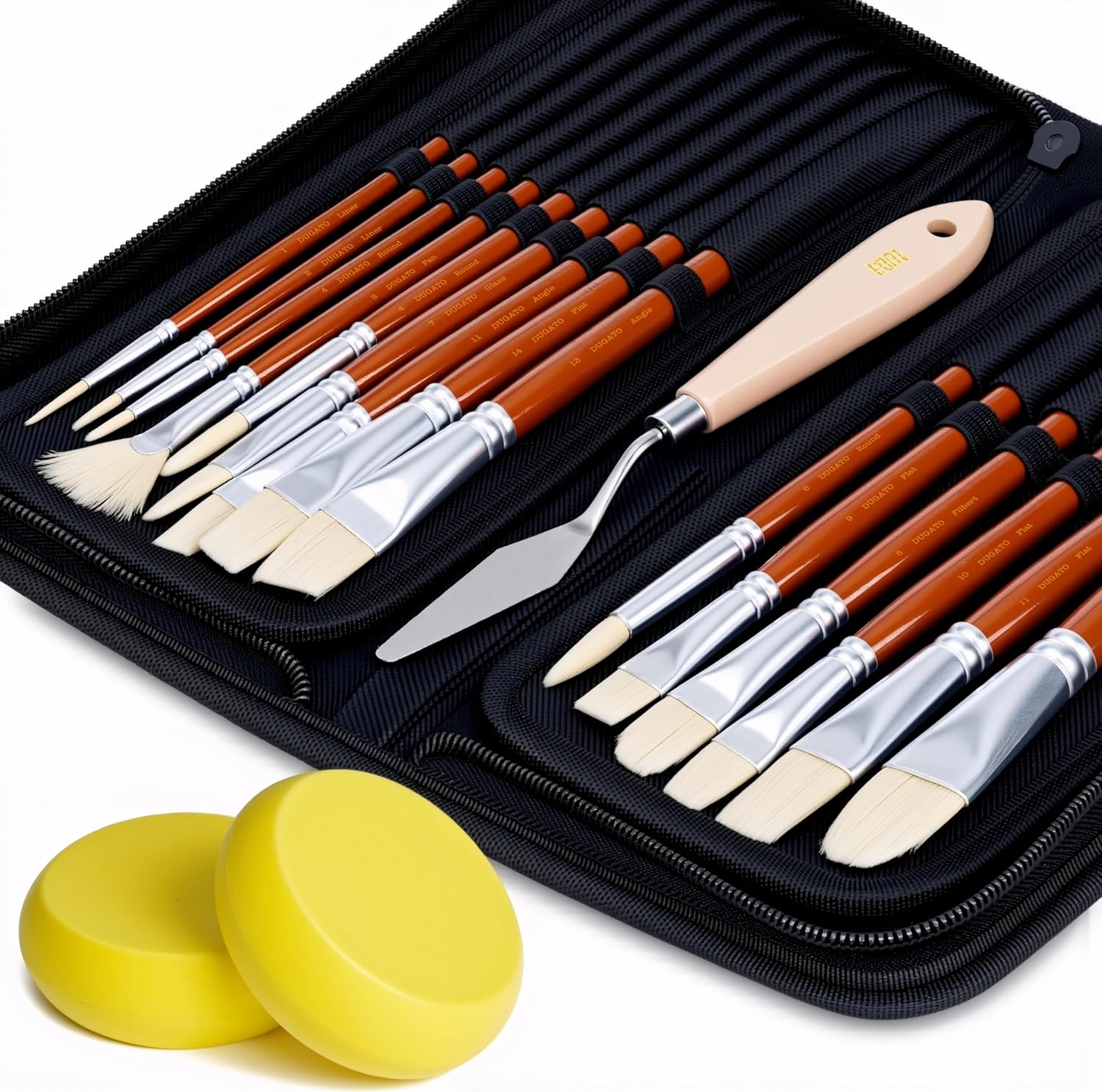 DUGATO Artist Juego de pinceles para pintura (15 unidades) - Pinceles de cerdas de cerdo de mango corto para aceite, acrílico, gouache, acuarela - Incluye estuche desplegable, cuchillo de paleta