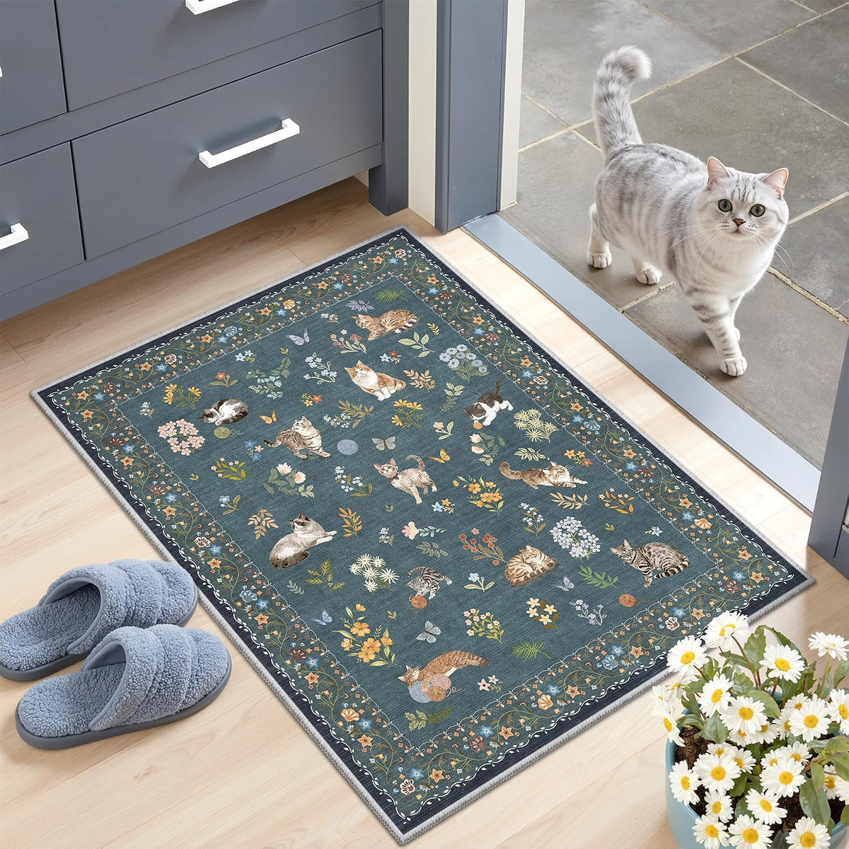 Tapete Soalmost 2x3 Pies Diseño de Gatos Lavable Antideslizante | Azul Marino Floral para Entrada, Cocina y Cuarto