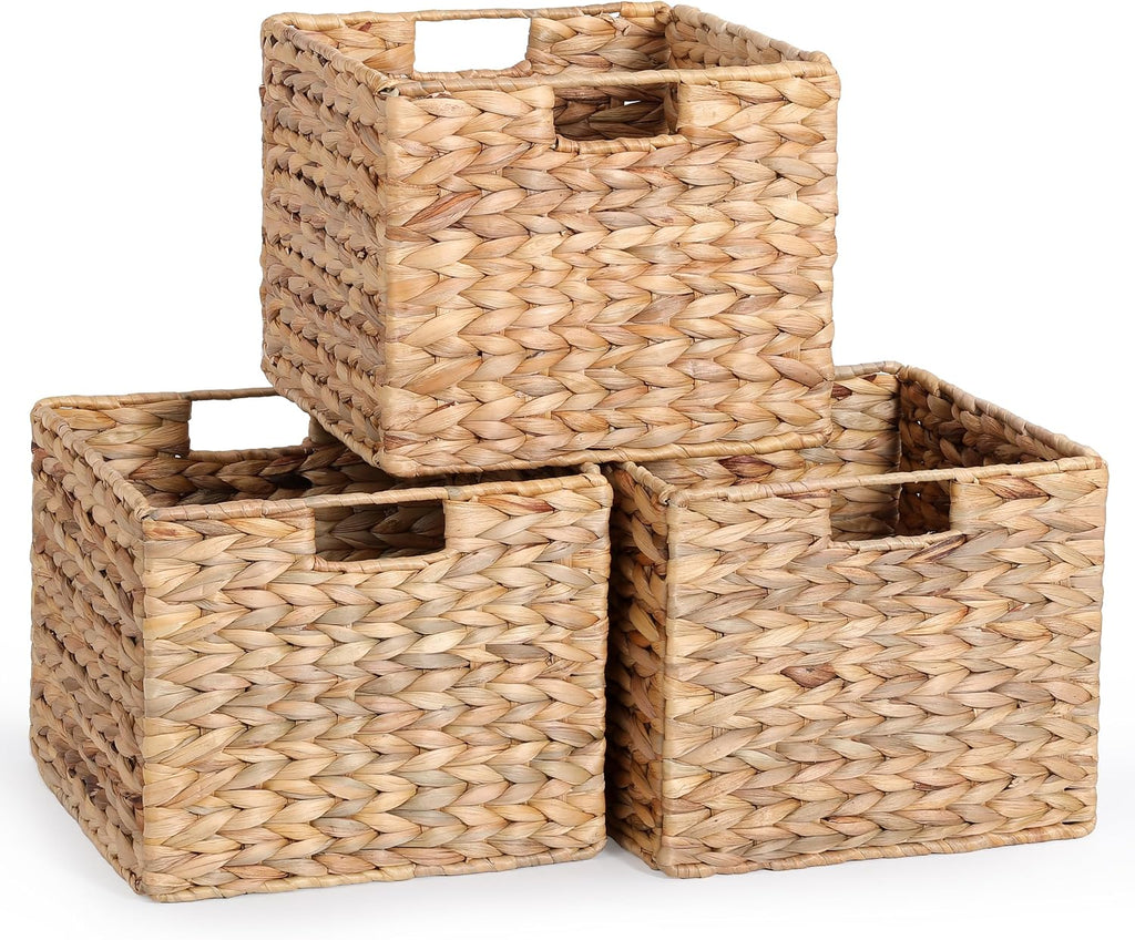 Cesta de almacenamiento grande de jacinto de agua de 30x30x25 cm, cesta plegable de mimbre tejido para estantes, cestas de despensa para organización y almacenamiento, cestas de almacenamiento de cocina, juego de 3 cestas grandes de ratán
