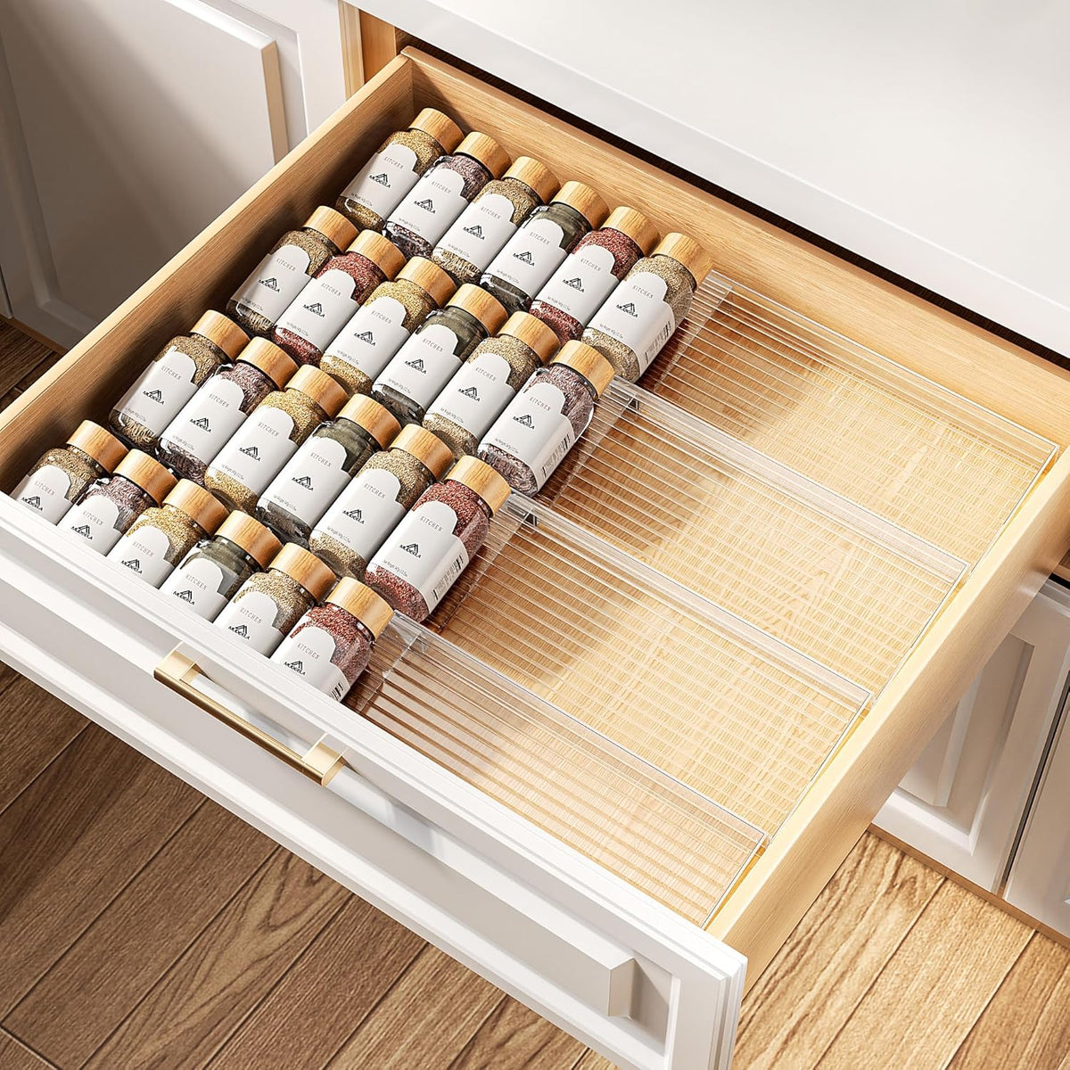 Organizador de especias transparente MUDEELA para cajón, 4 niveles - Juego de 2 (8 unidades) Estante para especias para cajón, expandible de 11" a 22" Organizadores y almacenamiento de condimentos de cocina para cajón (frascos no incluidos)