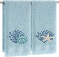 Breling 2 toallas de mano de playa de verano para baño, color azul, bordadas, con diseño costero marino, toallas de dedo de 35 x 75 cm, con diseño de conchas marinas y estrellas de mar, paño de cocina absorbente para baño y regalos para invitados.