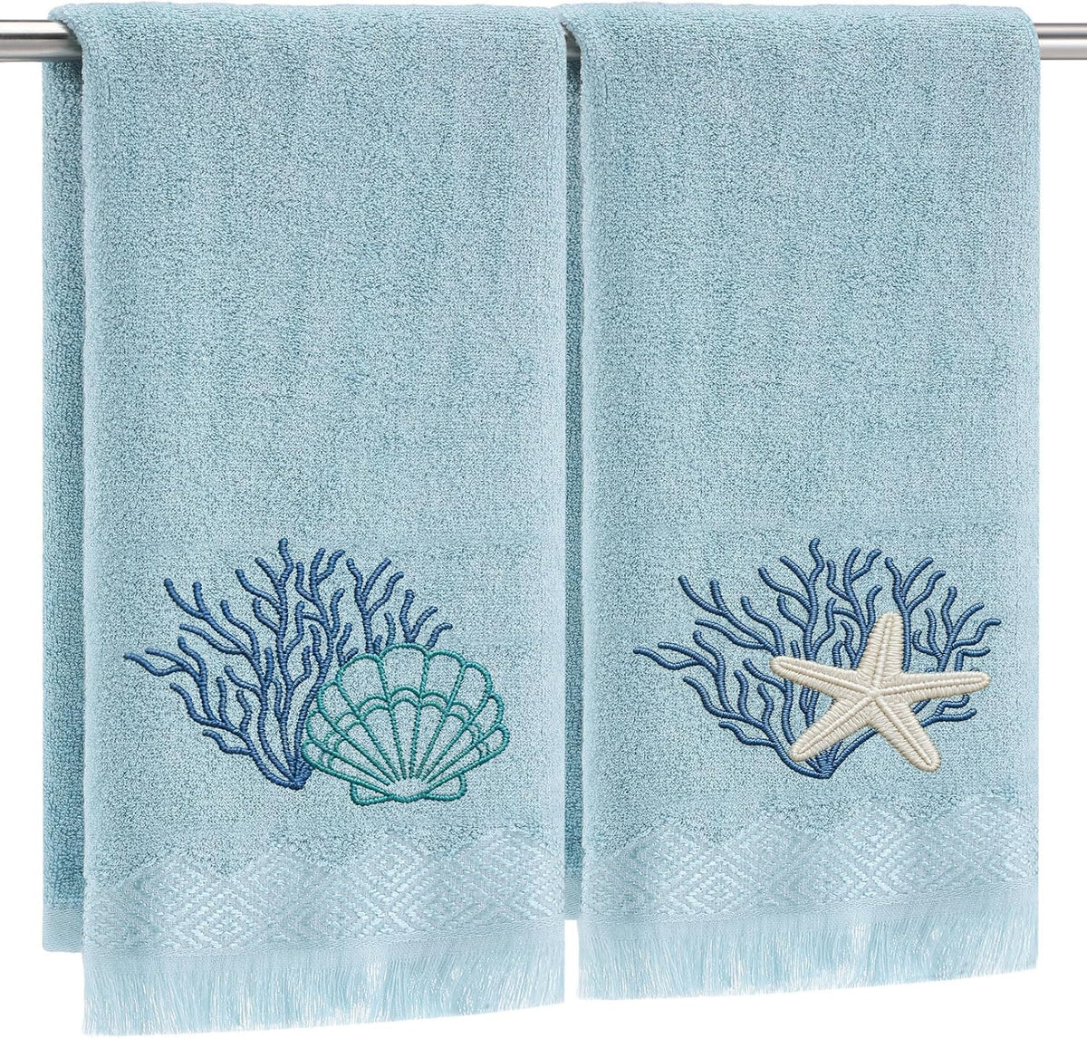 Breling 2 toallas de mano de playa de verano para baño, color azul, bordadas, con diseño costero marino, toallas de dedo de 35 x 75 cm, con diseño de conchas marinas y estrellas de mar, paño de cocina absorbente para baño y regalos para invitados.