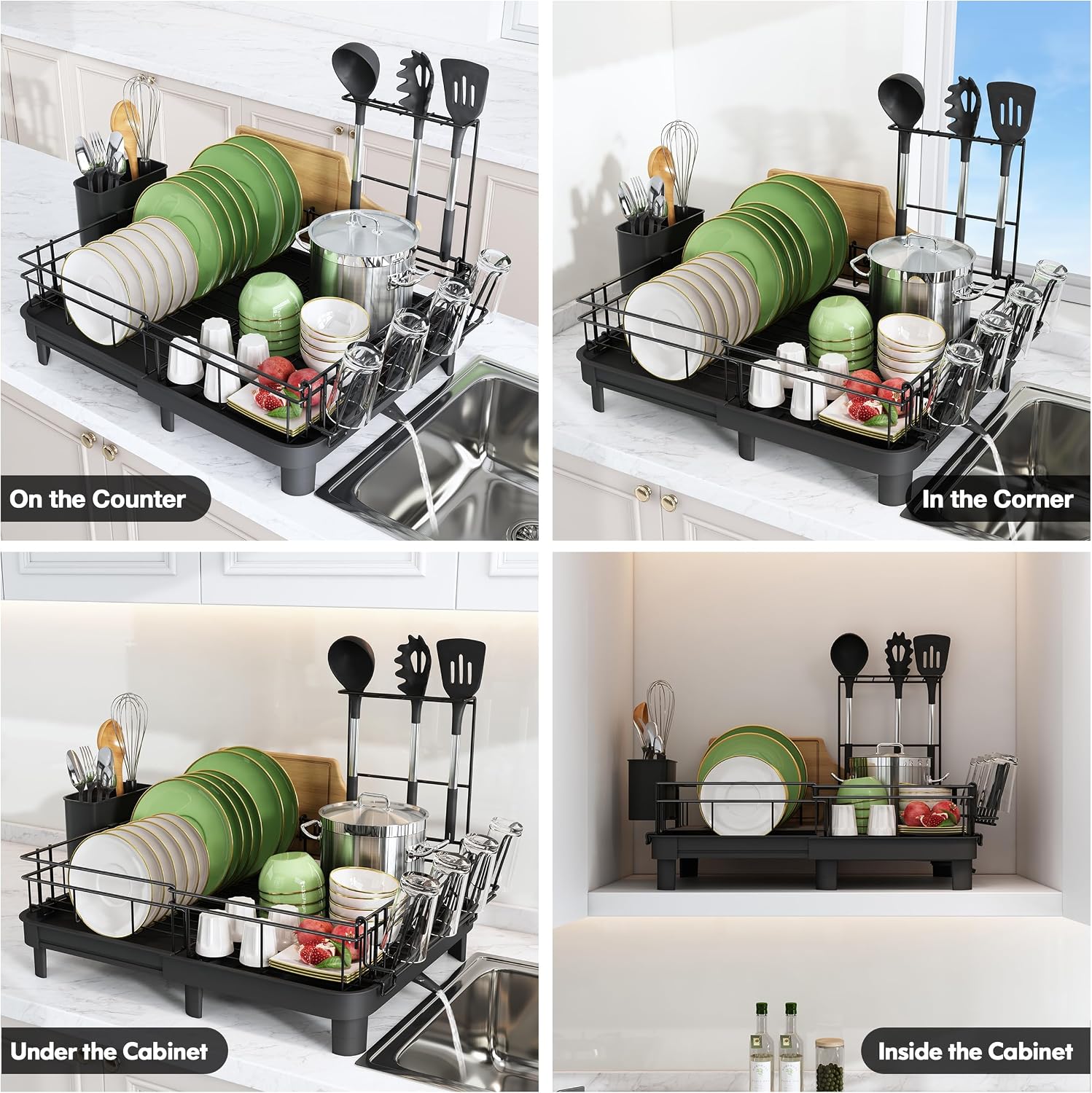 Escurridor de platos grande y extensible MAJALiS, escurridor de dos partes con bandeja de drenaje, escurridor ajustable con soporte para utensilios, soporte para espátulas y soporte para tabla de cortar, XL 32,5-52 cm, negro