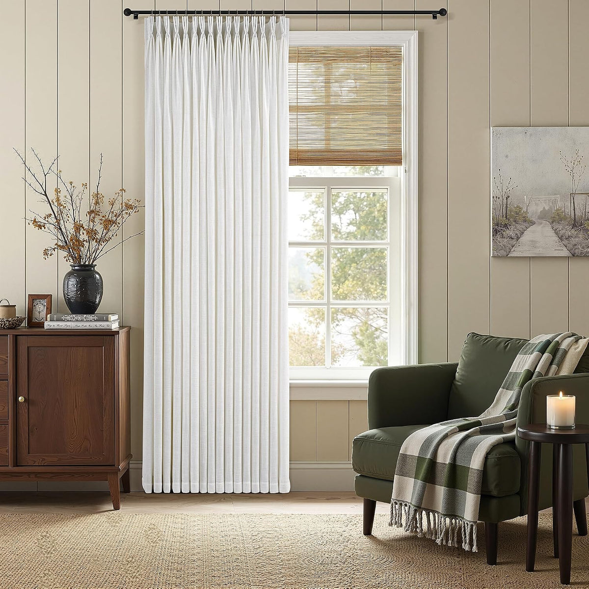 Cortinas de Lino Plisadas Extra Anchas 100"x100" – Color Crema Natural Beige, Privacidad y Filtro de Luz, con Ganchos para Sala, Dormitorio y Puerta Corrediza de Patio