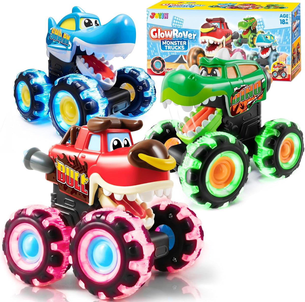JOYIN 3 Camiones Monstruo de Juguete | Carros que se Iluminan con el Movimiento para Ninos Pequenos | Ruedas LED, Empuja y Avanza Dinosaurio para Ninos
