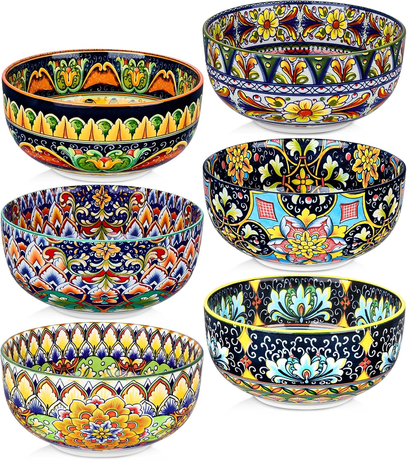 Meolibour Ceramic Cereal Bowls Set of 6, 28 oz Bohemian Soup Bowl, Colorful Bowls Set for Kitchen, Dessert Bowls for Salad, Pasta, Oatmeal, Ramen, Oatmeal, Fruit, Dishwasher & Microwave Safe