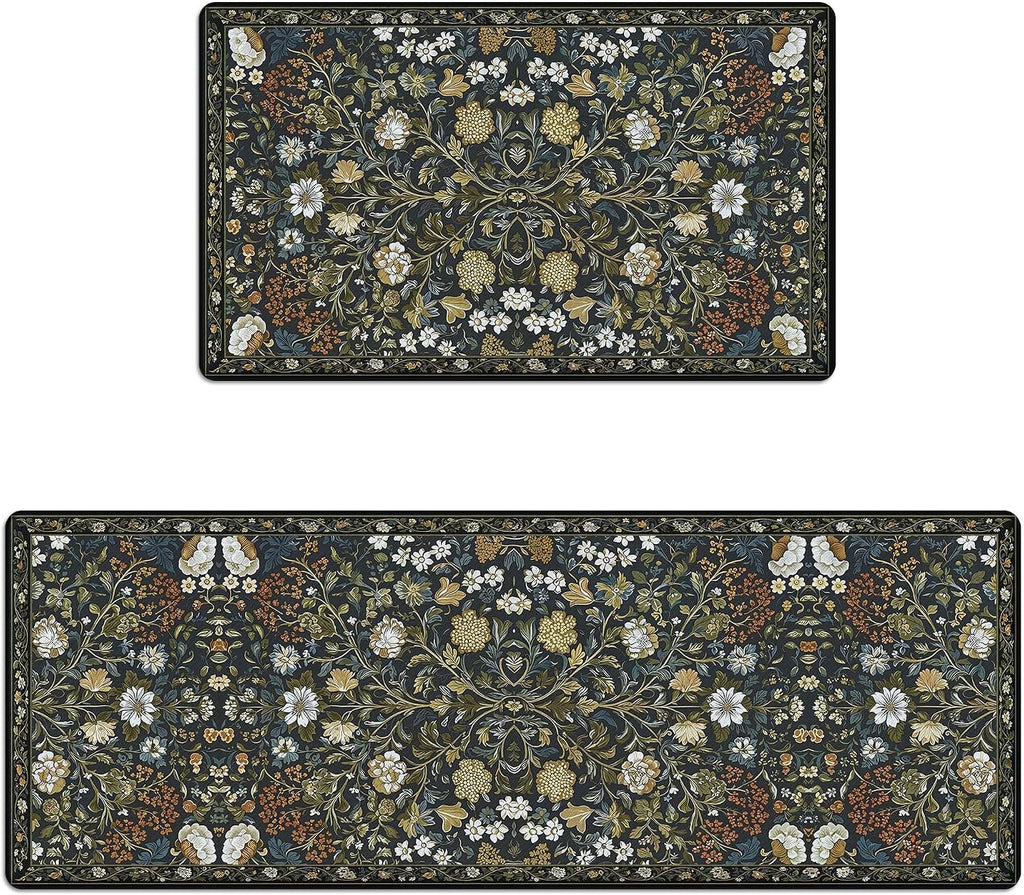 Alfombras de cocina AMM para suelo, acolchadas, antifatiga, con diseño botánico vintage verde y floral. Juego de 2 alfombras de cocina antideslizantes, impermeables y cómodas de espuma viscoelástica para oficina y lavadero.
