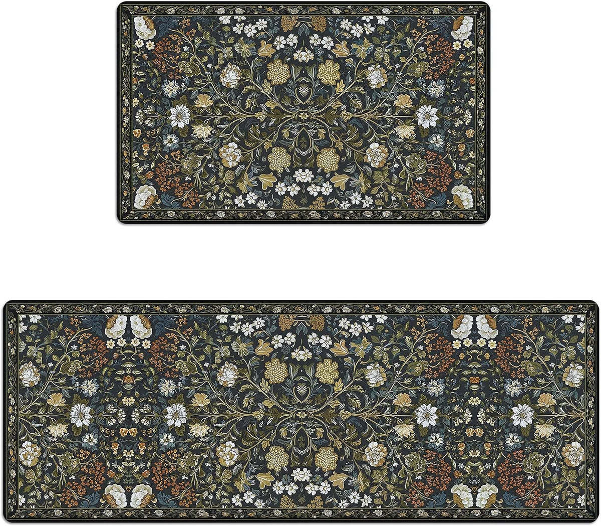 Alfombras de cocina AMM para suelo, acolchadas, antifatiga, con diseño botánico vintage verde y floral. Juego de 2 alfombras de cocina antideslizantes, impermeables y cómodas de espuma viscoelástica para oficina y lavadero.