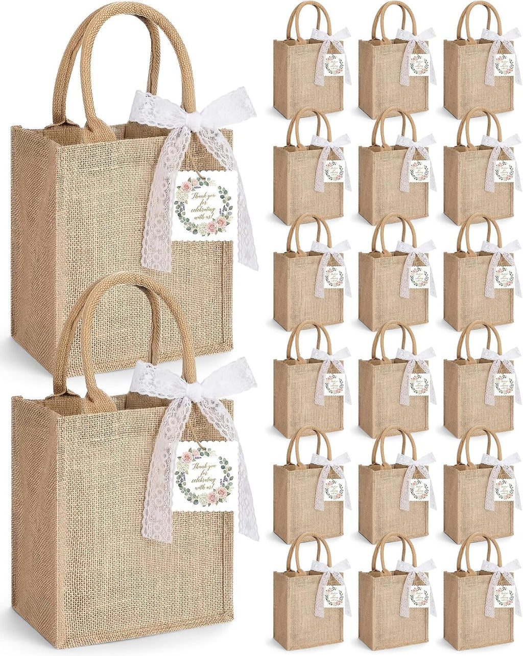Hsei 20 Bolsas de Regalo de Yute con Asas | Lazo de Encaje y Etiquetas | 25x20x11 cm Reutilizables | Bodas Despedidas Fiestas en la Playa