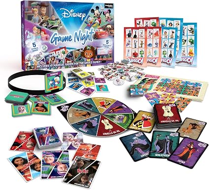 Noche de juegos Disney: colección de 10 juegos de mesa para niños y familias | Divertidos juegos Disney para mayores de 6 años | Incluye a Mickey, Minnie, princesas, héroes y villanos | Juegos navideños familiares para niños y adultos