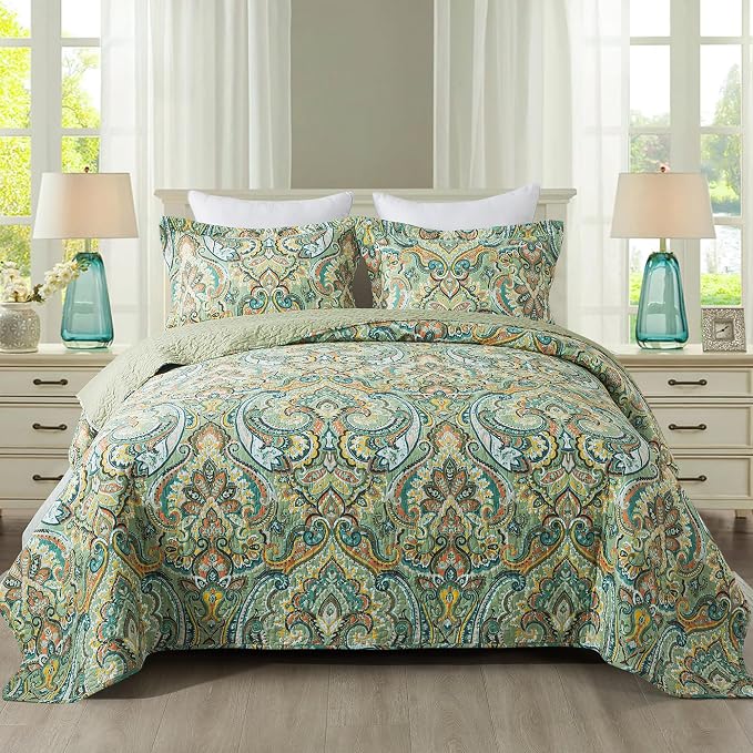 Etwel Juego de colcha de tamaño queen, colcha de algodón ligera, edredón de gran tamaño color verde corona para toda la temporada, edredón reversible suave con 2 fundas de almohada