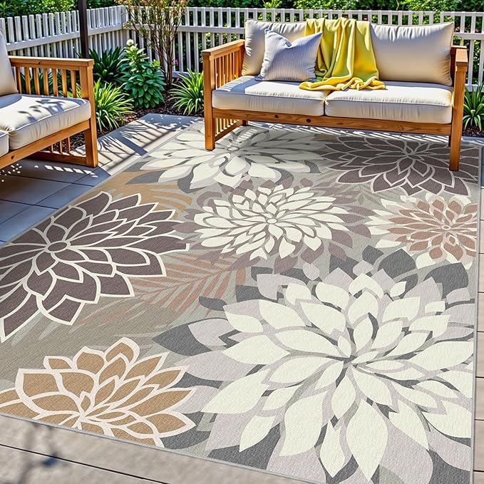 ⚠️ IMÁGENES DE REFERENCIA — VER FOTOS | Alfombra Exterior Lavable 5x8 Pies — Diseño Tropical Floral Multicolor, Chenille Impermeable, Para Patio y Sala (Taupe)