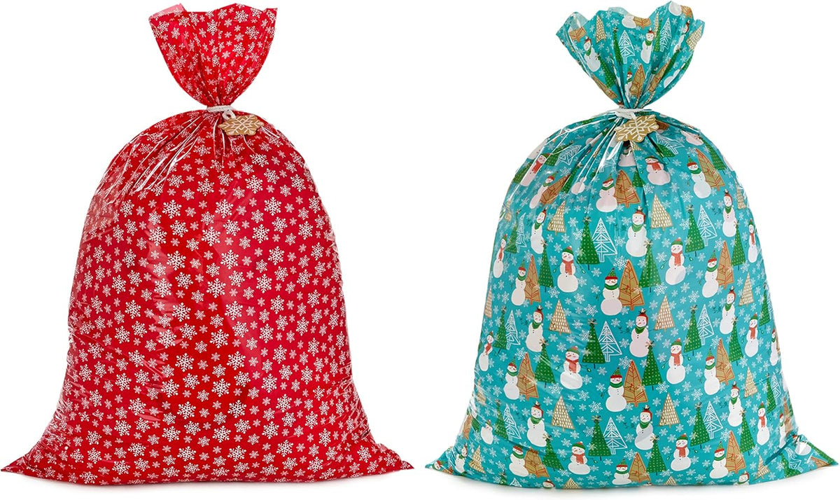 Hallmark Bolsas de Regalo Navideñas XL - Paquete de 2 Bolsas Extra Grandes de Plástico, Copos de Nieve Rojo y Muñecos de Nieve Rústicos
