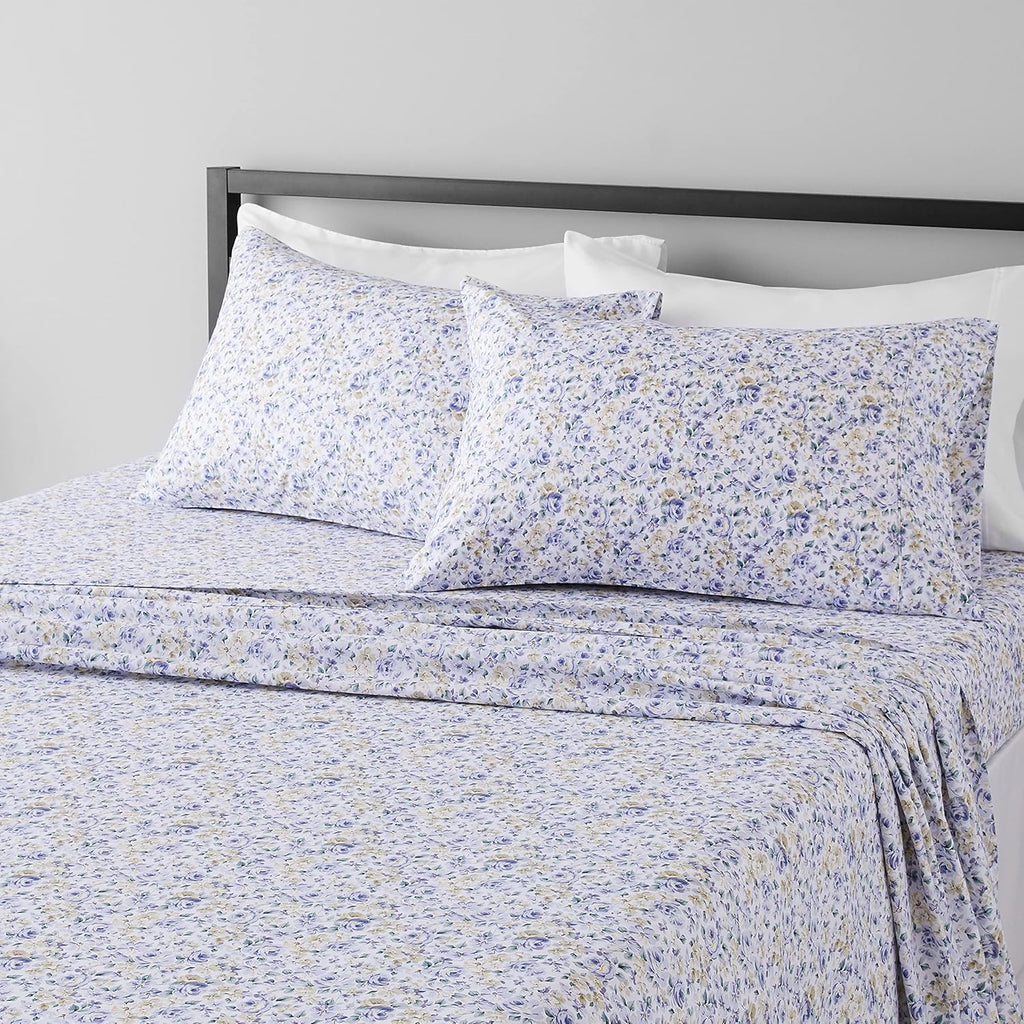 Basics Lightweight Super Soft, Breathable Easy Care Microfiber 4 Piece Bed Sheet Set with 14-Inch Deep Pockets - King, Blue Floral