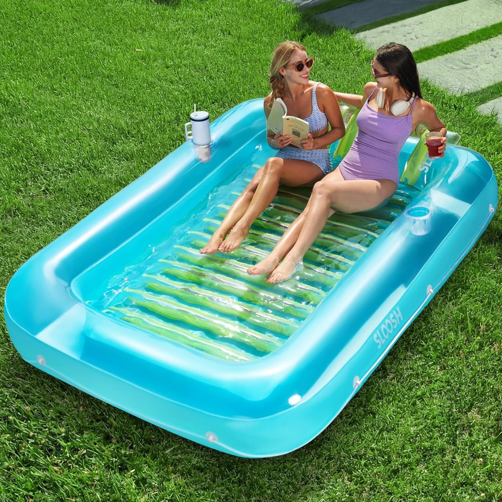 Flotador Bronceador Inflable SLOOSH 216 x 145 cm Extra Grande Adulto con Almohada - 4 en 1 Balsa Bronceador Cama Descanso Agua Azul Verde