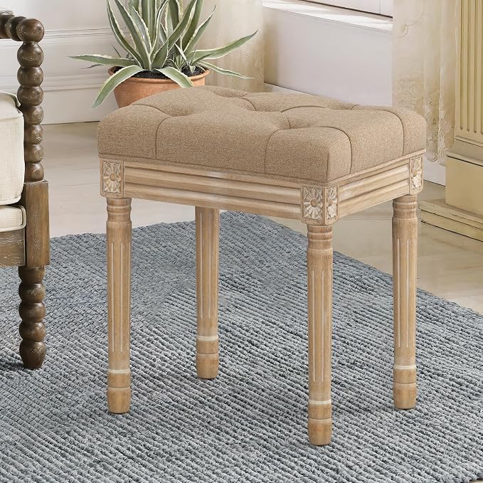 Banco de Tocador LUE BONA Tapizado en Tela – Estilo Francés Vintage, Patas de Madera Tallada, Color Trigo