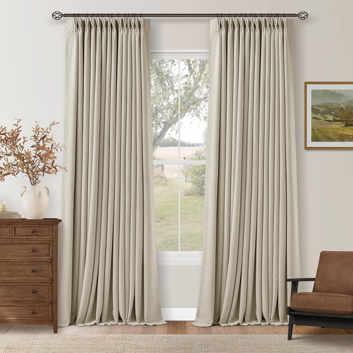 Cortinas Opacas TWODRAPES de 233 cm Pliegues Alfiler para Dormitorio Sala, Mezcla de Lino Beige Avena Opacidad 100% Cortinas para Puertas Corredizas, Modernas Cómodas Protección de Privacidad