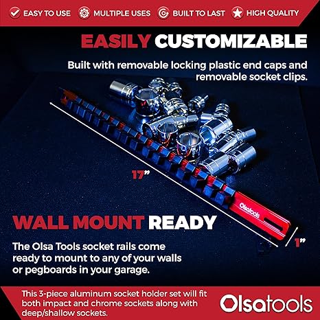 Organizador de Dados Olsa Tools | Aluminio Anodizado | 1/4", 3/8", 1/2" | Pack 2 Rieles