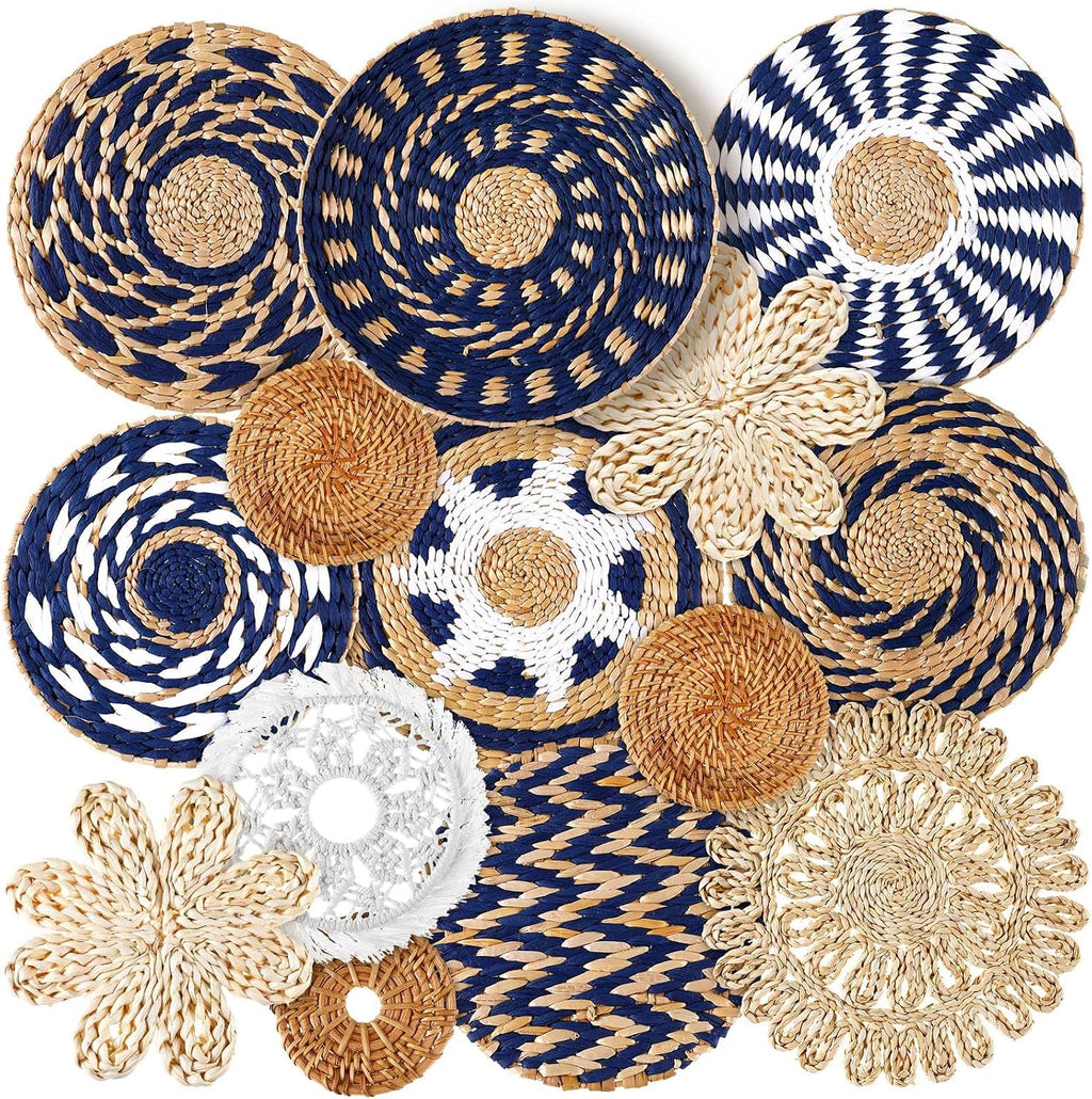 Cestas Decorativas de Pared Xuhal | Set de 15, Boho Artesanales de Fibra de Junco Marino | Arte Colgante Redondo Rústico para Hogar y Cocina | Estilo Azul Clásico