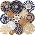 Cestas Decorativas de Pared Xuhal | Set de 15, Boho Artesanales de Fibra de Junco Marino | Arte Colgante Redondo Rústico para Hogar y Cocina | Estilo Azul Clásico