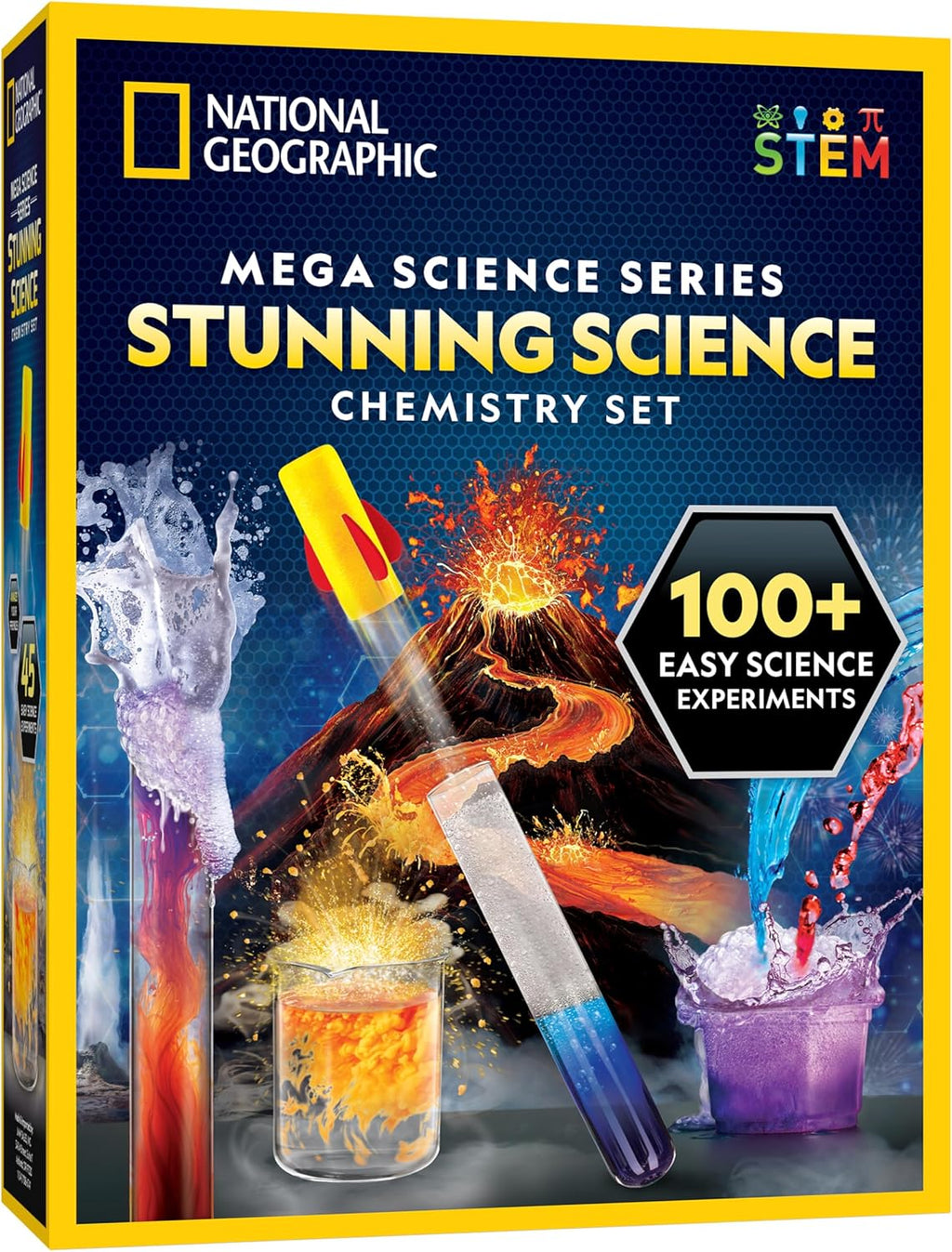 National Geographic Stunning Chemistry Set - Mega Science Kit with 45 Easy Experiments- Make a Volcano and Launch a Rocket, STEM Projects for Kids Ages 8-12, Science Toys ( Exclusive)