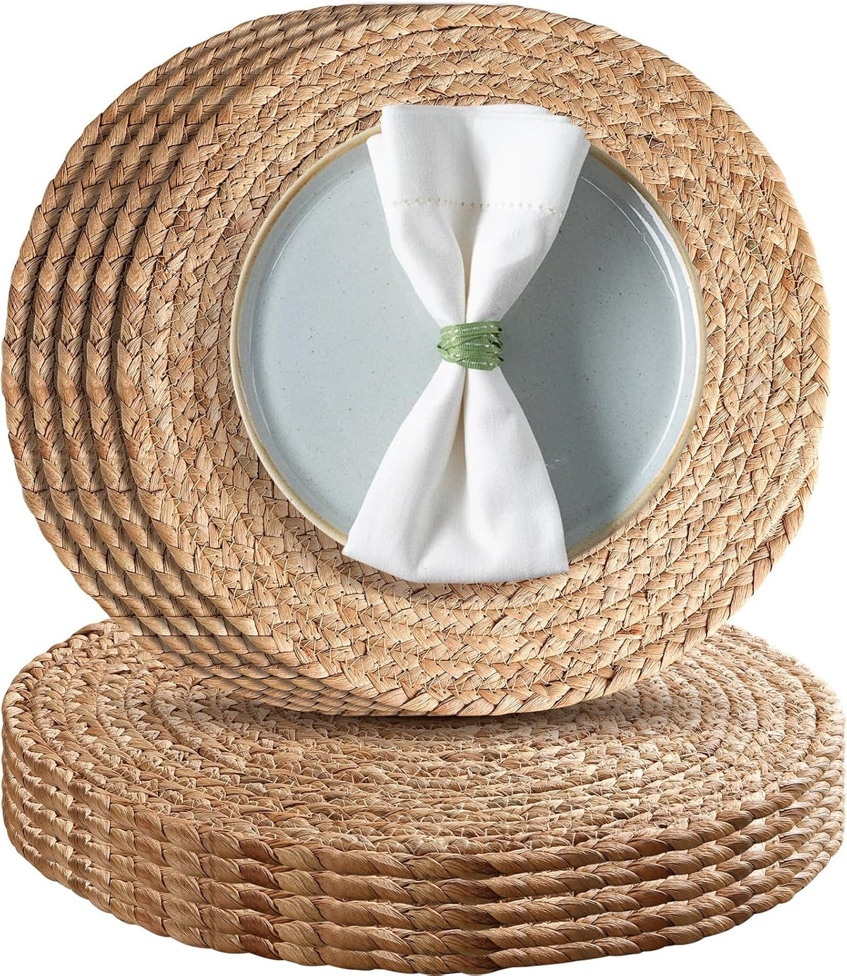 Aofmee Pack 10 Manteles Individuales Redondos 30 cm de Ratán y Jacinto de Agua Natural – Estilo Bohemio Rústico para Mesa