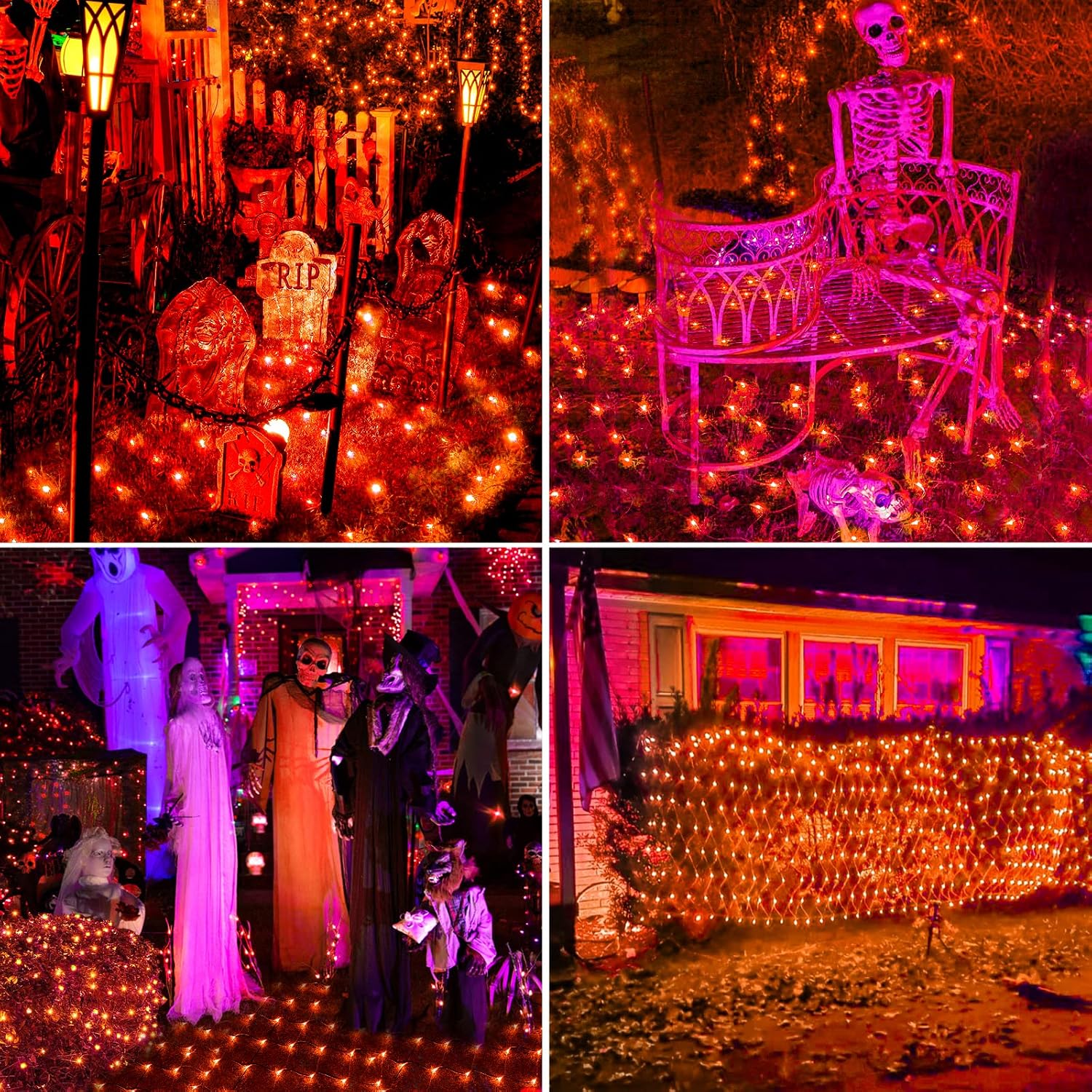 BlcTec Luces de Halloween con 200 luces LED de 8.4 x 5.2 pies de color naranja con 8 modos, certificado UL, temporizador, conectable, impermeable, cable verde oscuro para árboles, arbustos, arbustos, césped, decoraciones de Halloween al aire libre