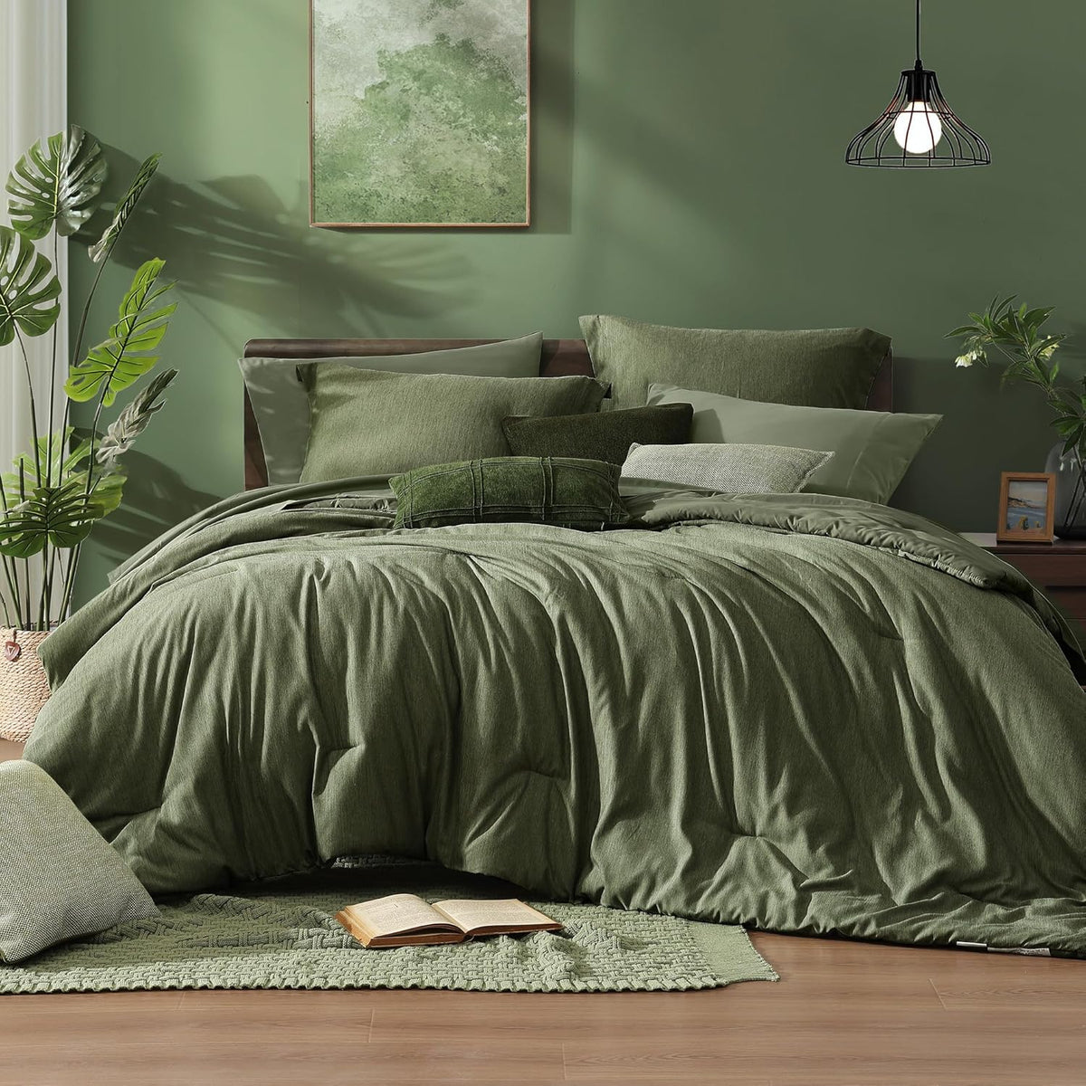 Juego de Edredón Queen Monbix - 3 Piezas Verde Oliva con Edredón y 2 Fundas de almohadas