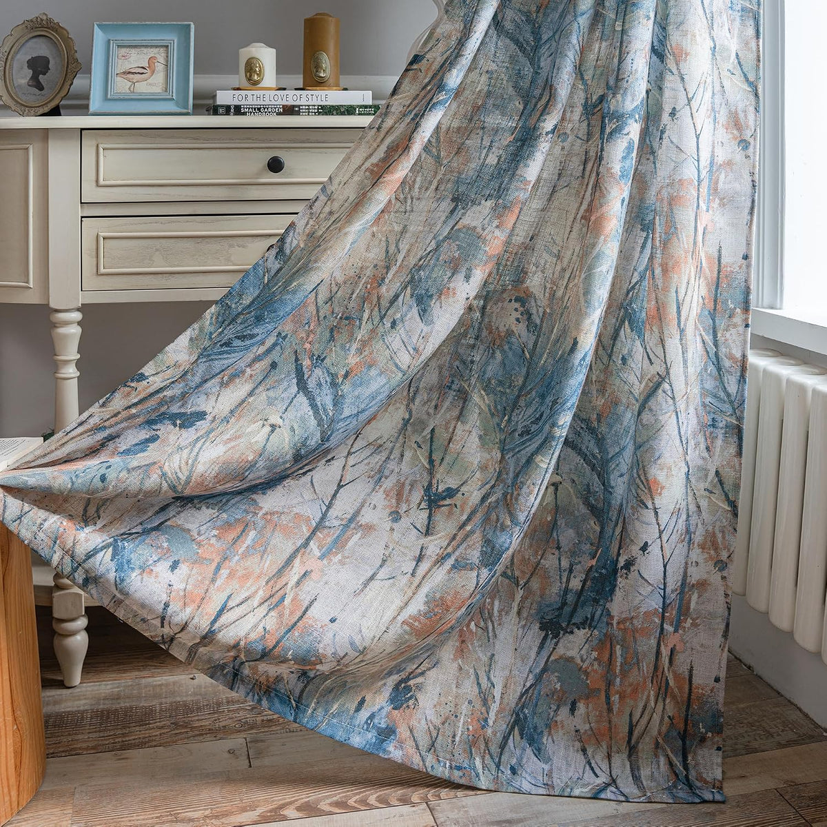 Cortinas para sala de estar MEETSKY de 241 cm de largo - Cortina transparente con estampado de ramas, textura de lino, cortinas modernas con ojales que filtran la luz, paneles de cortina para dormitorio y comedor, azul y naranja.