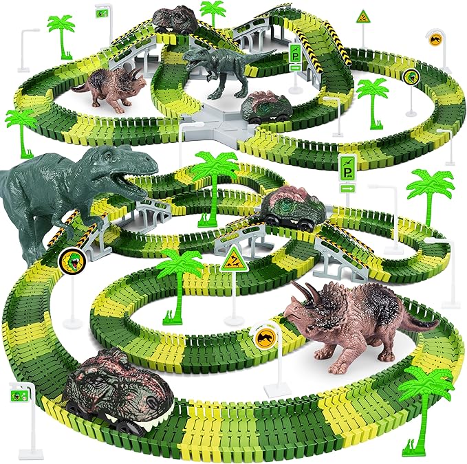 Juguetes de dinosaurio, crea una carrera de carretera mundial de dinosaurios, juego de pista flexible y 2 piezas de autos de dinosaurio geniales para niños de 3, 4, 5, 6 años y más, el mejor regalo