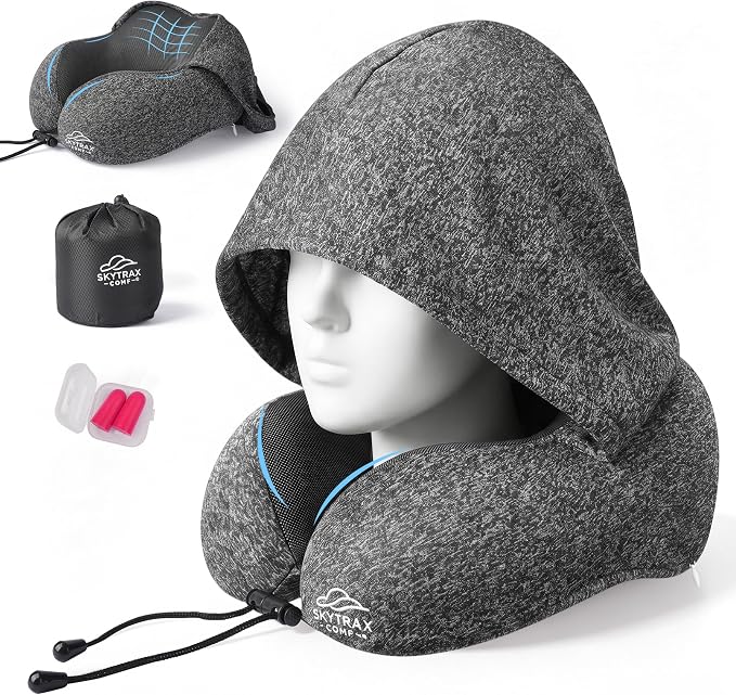 SkytraxComf® Almohada de viaje con capucha para privacidad en vuelos largos | Memory Foam | Airplane Sleep | Safety-Tested Materials | Extra Large Hood | Chin Support | Earplugs | Washable Cover