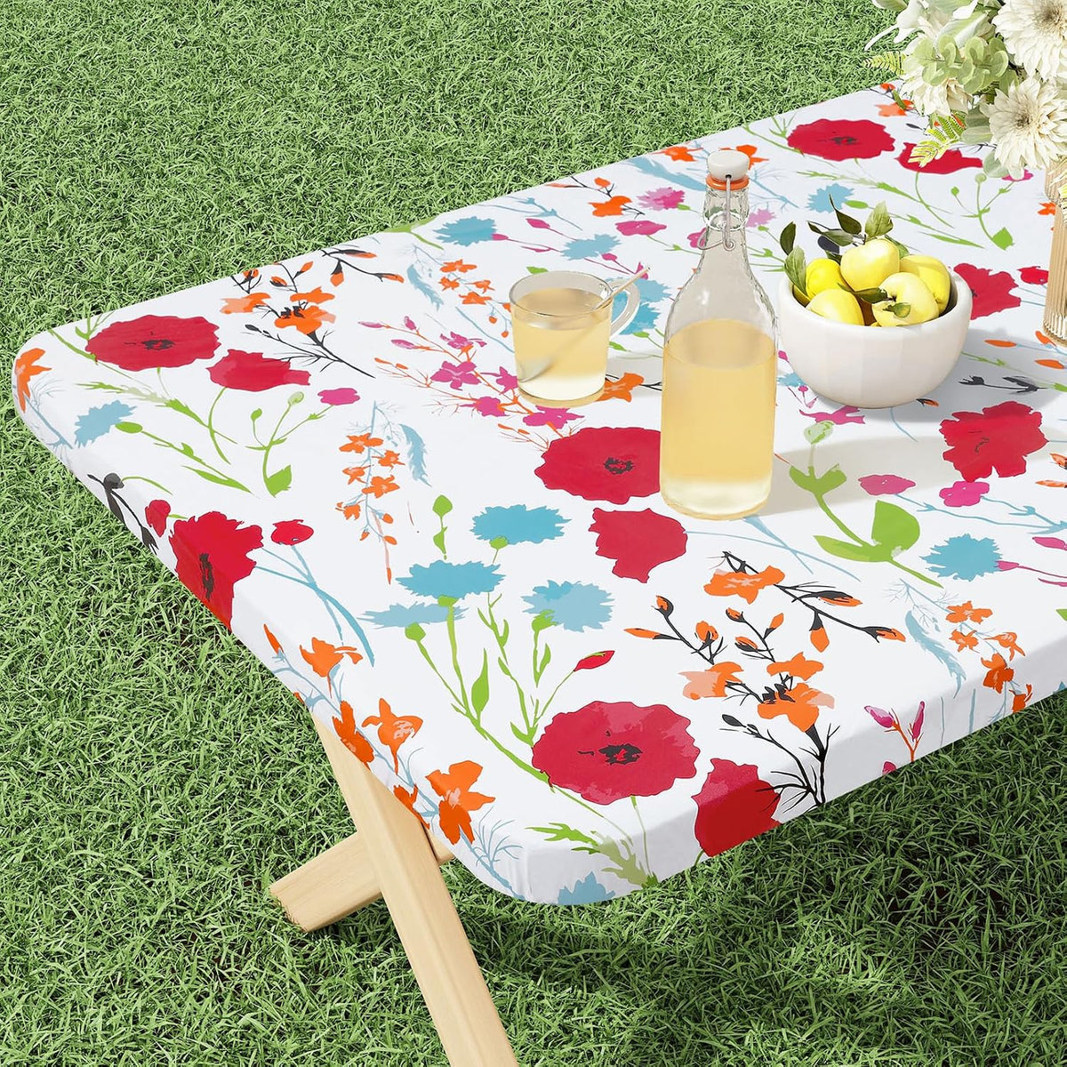 Mantel rectangular de vinilo Misaya, funda de mesa ajustable, 100 % impermeable, borde elástico, reverso de franela, mantel de plástico apto para mesas plegables para picnic, camping y exteriores (Flores, 36 x 72 pulgadas)