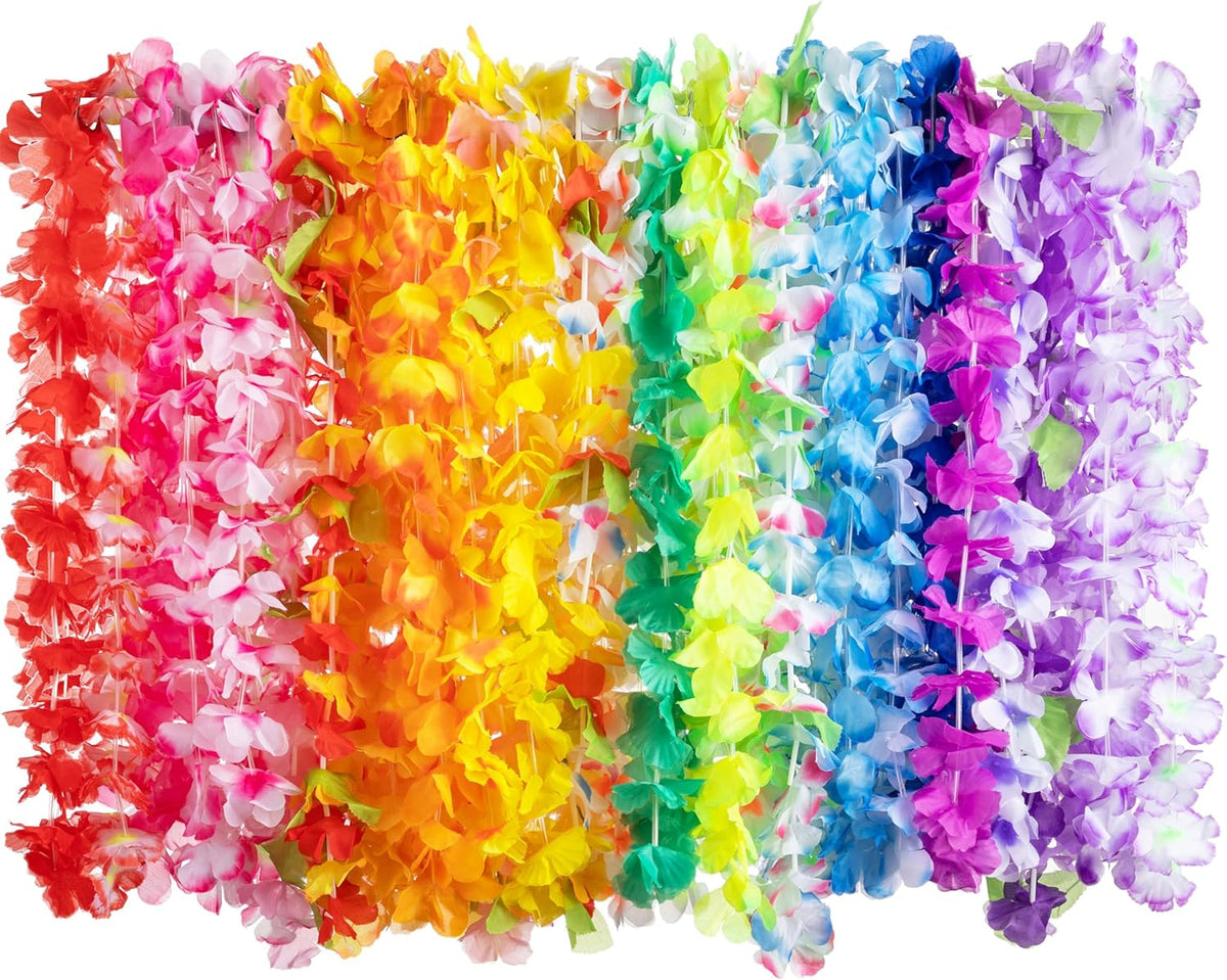 JOYIN Paquete de 120 leis hawaianos, coloridos leis de flores tropicales para niños y adultos, ideales para fiestas hawaianas en la playa o luau.