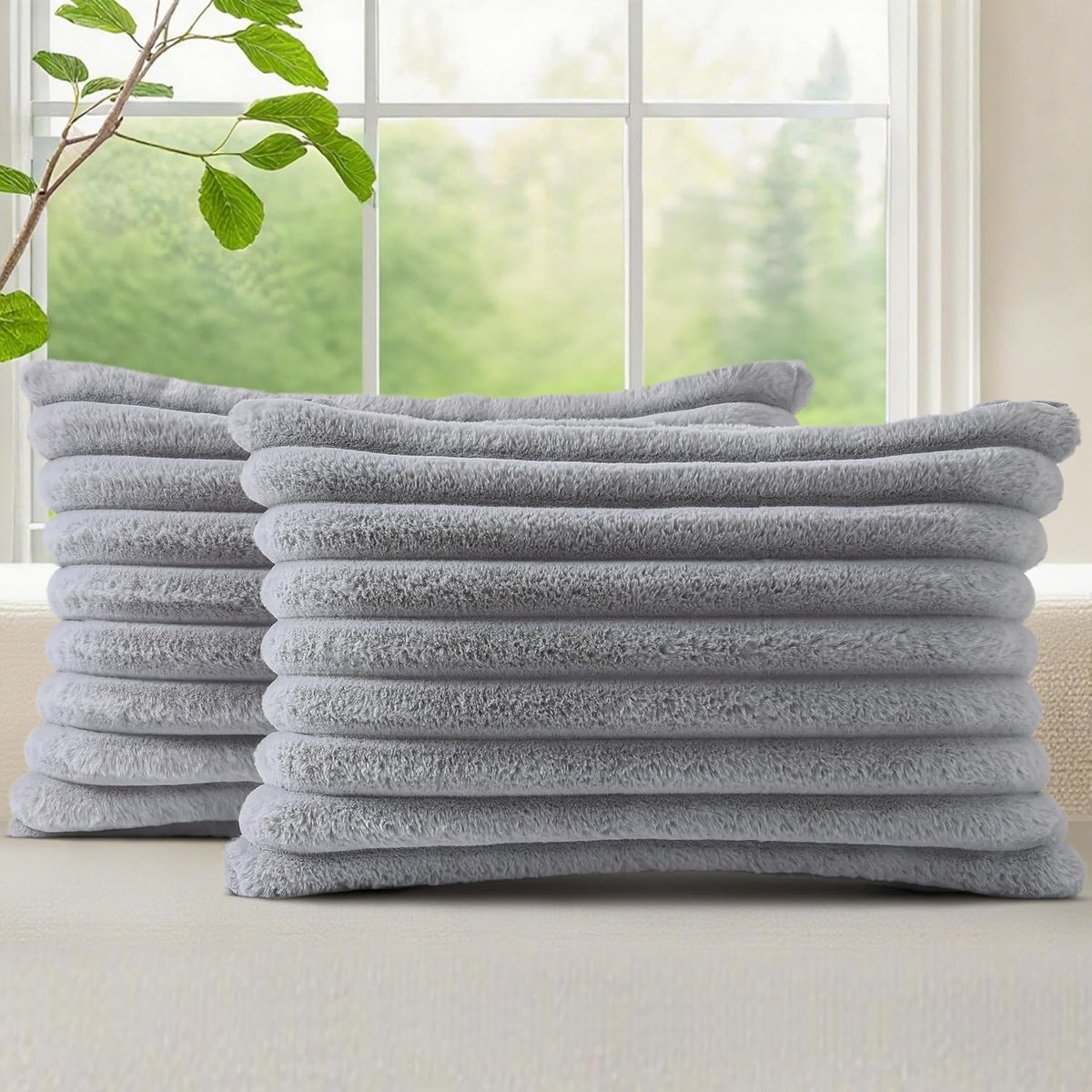 Fundas de Cojín DecorUhome Piel Sintética | Gris | 30x50 cm (12x20") | Reverso Terciopelo | Estilo Boho Rústico Moderno | Pack 2 Unidades