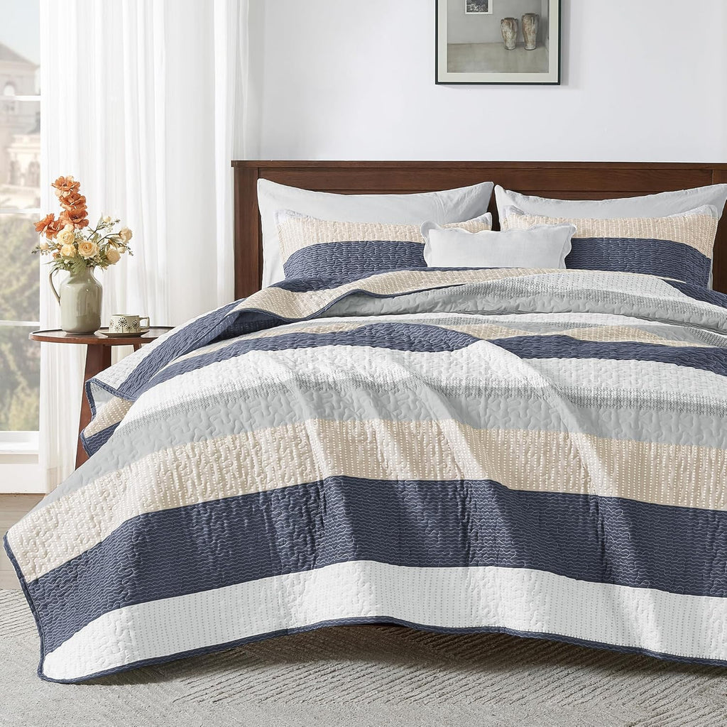 Andency California King Quilt Set Yellow Blue, 3 Pieces Ultra Soft Lightweight Cal King Bedspreads & Coverlets Set, Patchwork Striped Quilted Bedding Sets for All Seasons (112"x104")