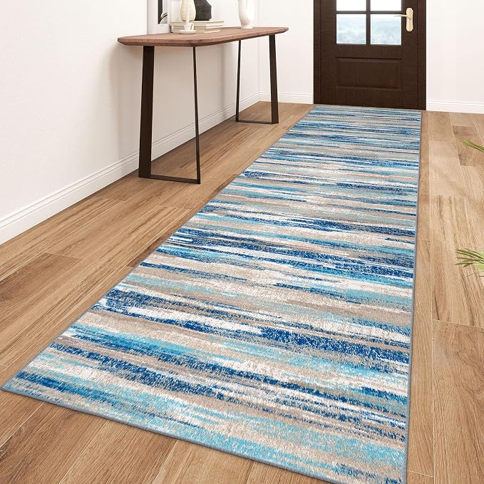 Lansny Alfombra moderna abstracta de 3 x 10 pies, alfombra de pasillo lavable azul para cocina, antideslizante, suave, alfombra delgada de impresión falsa de lana para entrada, dormitorio