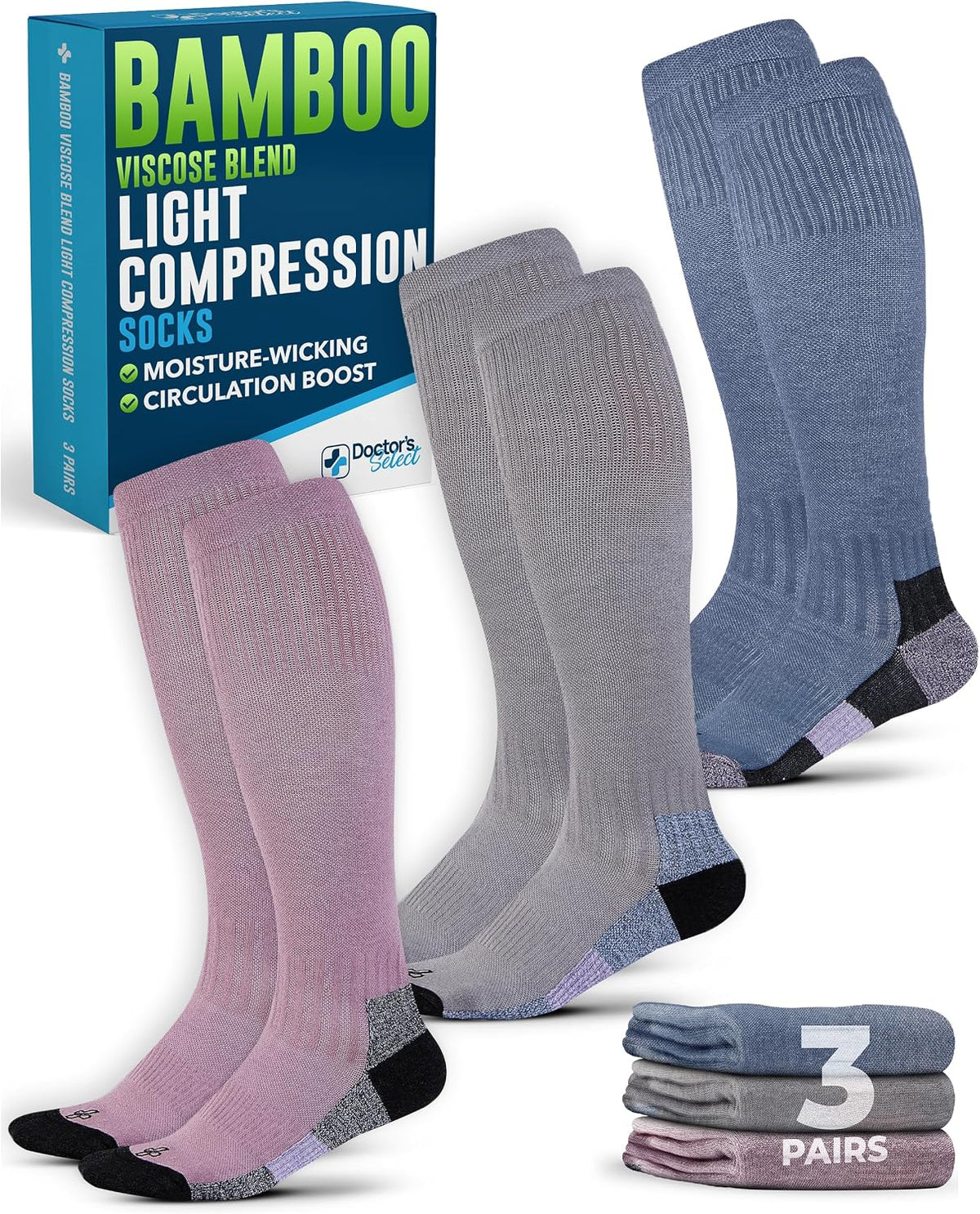 Calcetines Compresión Ligera Doctor's Select para Mujer y Hombre - 3 Pares, Altura Rodilla Comodidad y Apoyo, 8-15 mmHg Calcetines Compresión Mujer, Gris, Azul, Rosa