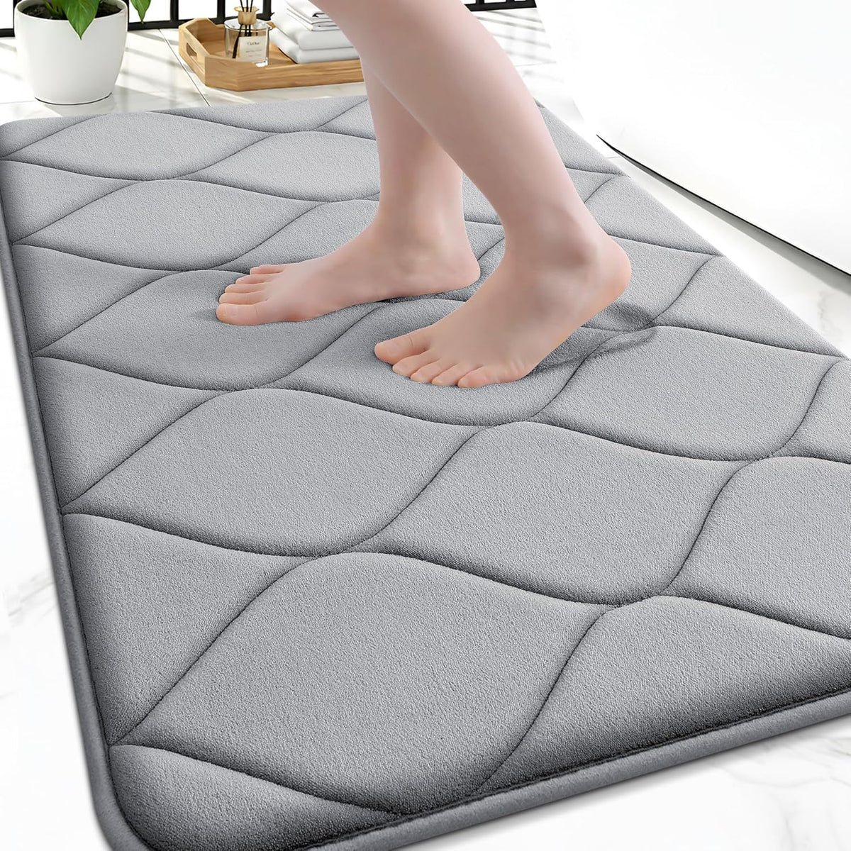 Alfombrilla de baño Smiry de espuma viscoelástica de 76 x 51 cm, ultrasuave y antideslizante, de felpa, absorbente, de secado rápido y lavable a máquina, ideal para ducha, bañera y decoración del hogar, color gris.