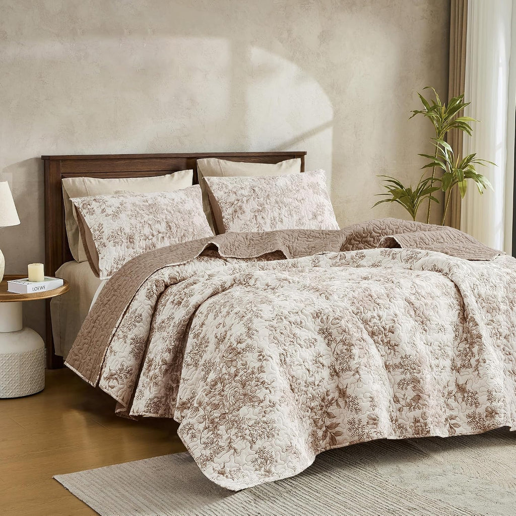Maravilloso juego de edredón floral color topo tamaño queen, juego de ropa de cama reversible de algodón para cama queen, funda de cama ligera color topo de 3 piezas, colcha y cubrecama suave estampada para todas las estaciones.