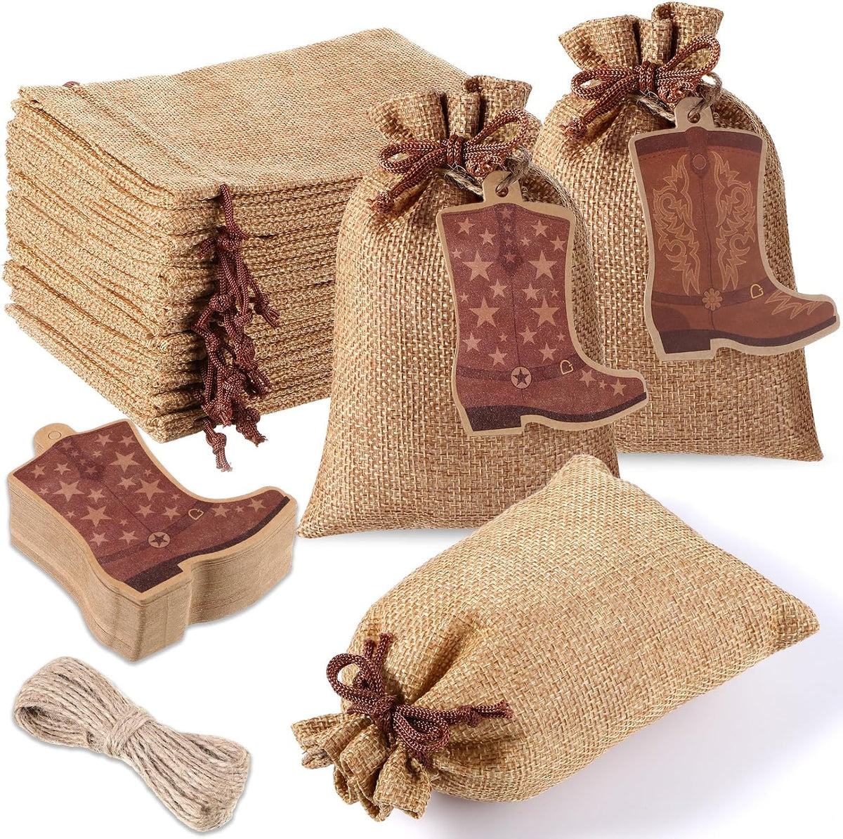 PROCDUCTO VIENE COMO SE MUESTRA EN LA SEGUNDA IMAGEN ) Mooliwe de Yute con Cordón y Etiqueta de Bota | Estilo Vaquero Western | 4 x 6 Pulgadas Reutilizables para Fiestas y Recuerdos | Café