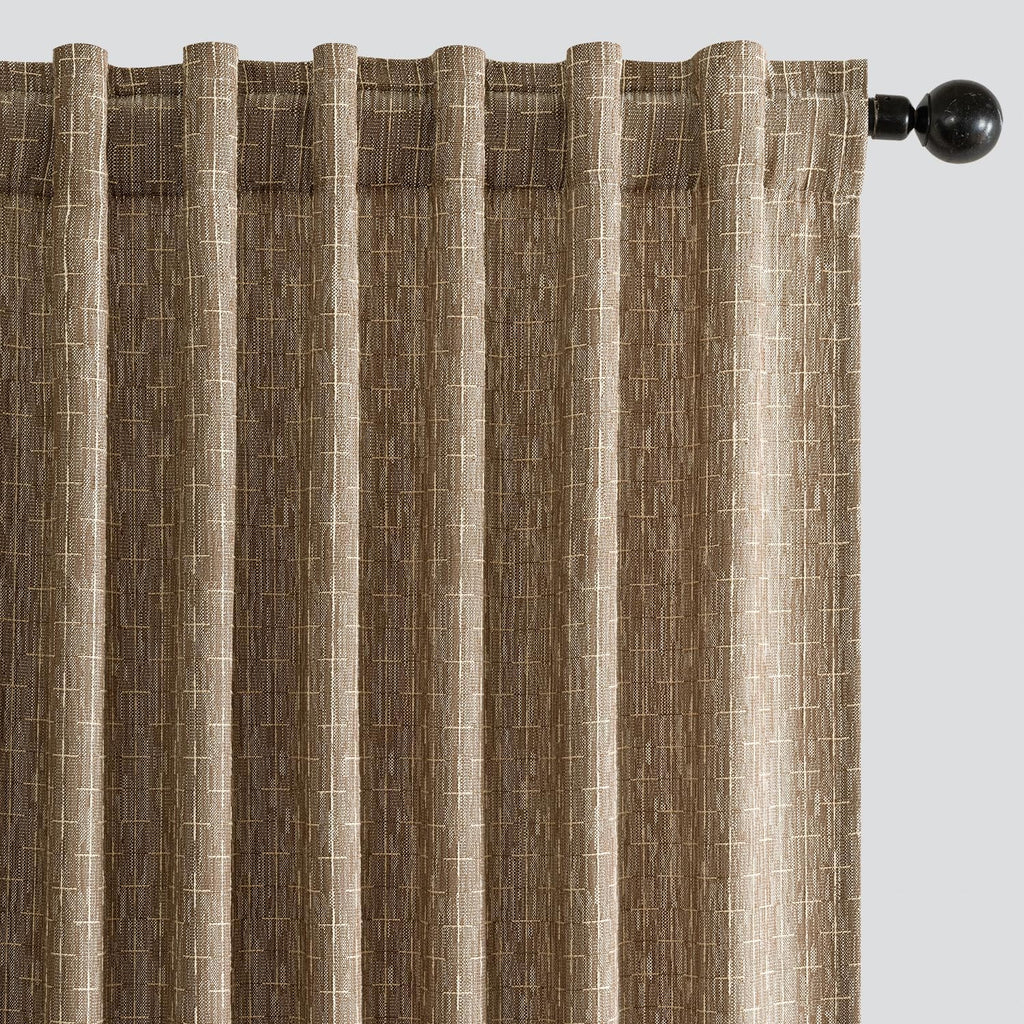 MIULEE Cortinas decorativas de lino con trabillas traseras y diseño geométrico para sala de estar, dormitorio, estilo rústico, tejido grueso, texturizado, con estampado de piso a techo, 2 paneles de 102 pulgadas de largo, color marrón 