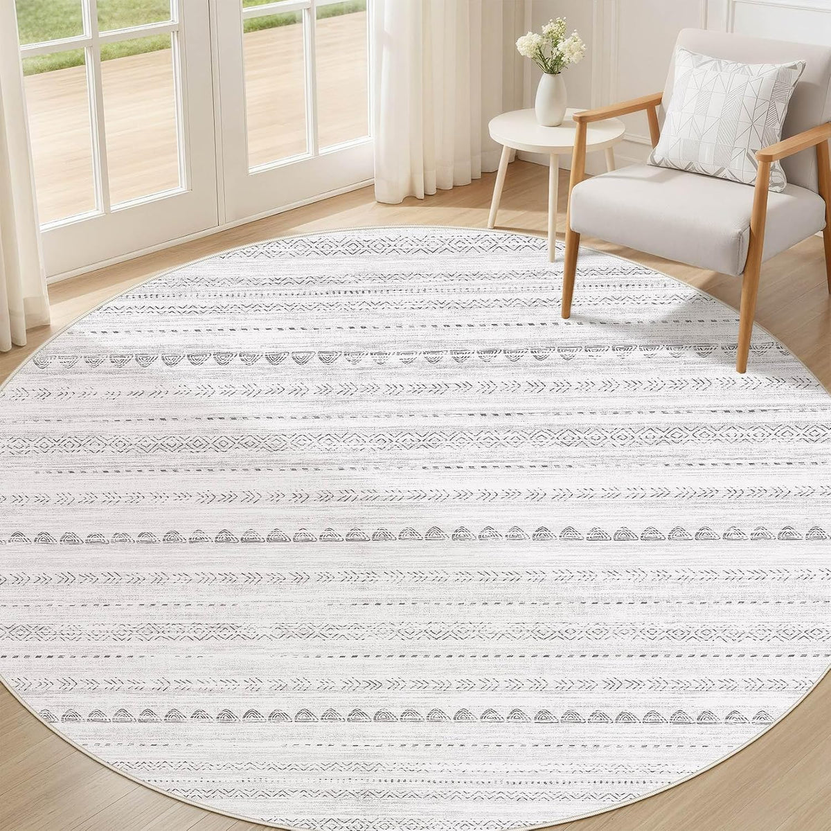 Alfombra redonda Nakagishi estilo bohemio: alfombra grande de 120 x 120 cm, lavable, de color neutro, suave, resistente a las manchas y antideslizante, ideal para mujeres de 25 a 45 años y amantes de la decoración rústica. Perfecta para sala de estar