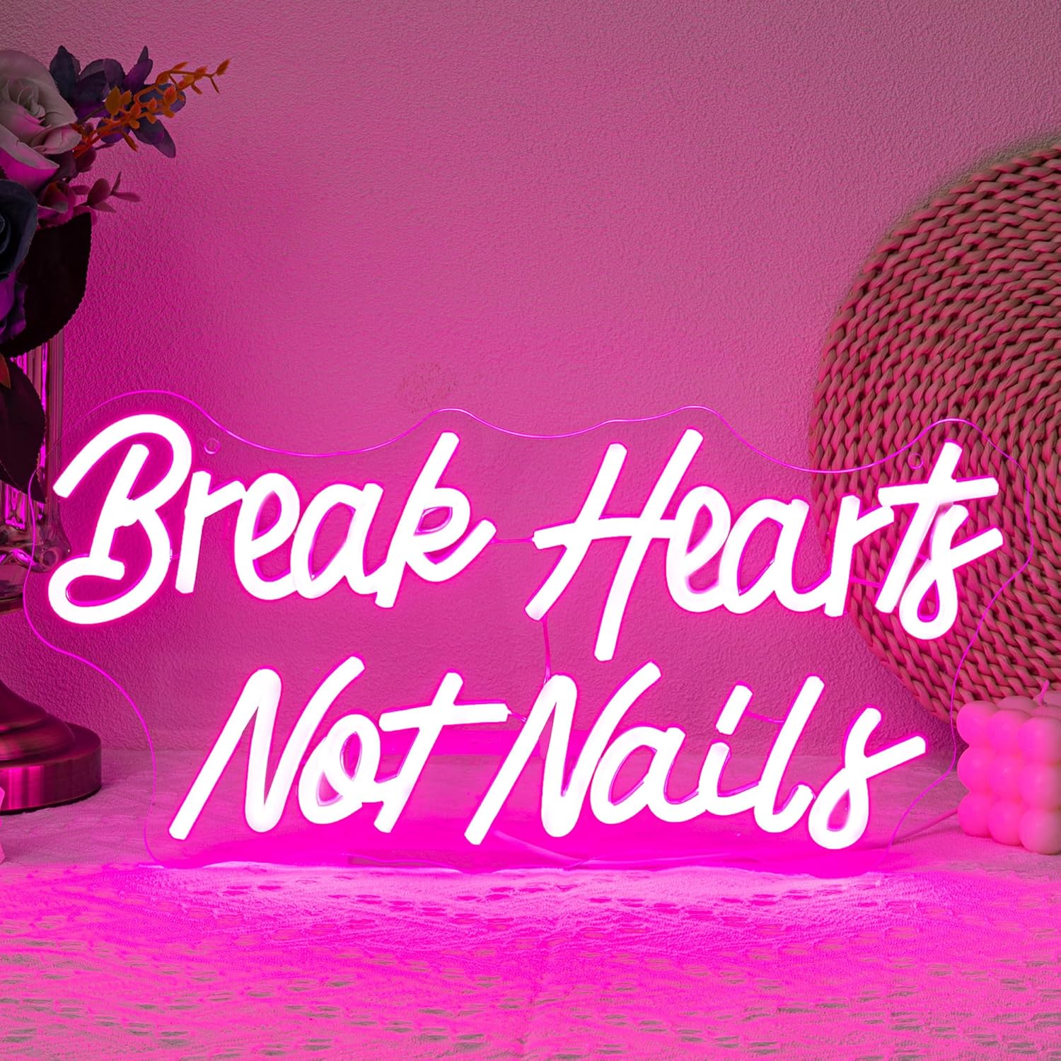 Break Heart Not Nails Neon Sign Nail Neon Light for Wall Decor Letter LED Neon Sign Pink LED Neon Light for Nails Salon Beauty Room Bedroom Decoration