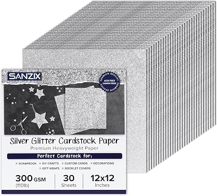 SANZIX 30 hojas de cartulina plateada con purpurina 30x30 cm, 300 g/m² (110 lb) | Papel brillante de primera calidad para Cricut, tarjetas de Navidad, álbumes de recortes, manualidades, decoración, regalos y tarjetas personalizadas.
