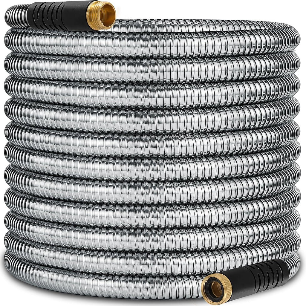 Manguera de jardín de acero inoxidable de 30,5 m (100 pies) - Manguera de agua metálica mejorada (modelo 2026) - Mangueras de agua flexibles con núcleo de látex, conector de latón macizo de 19 mm (3/4") - Mangueras de jardín no expandibles