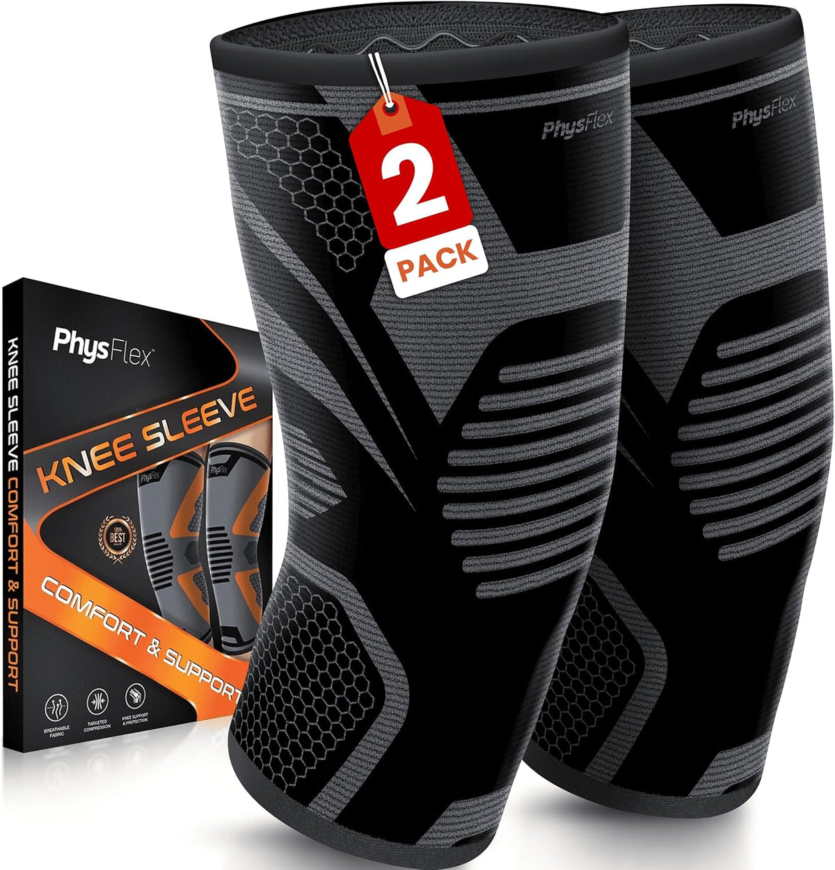 Rodillera PhysFlex para alivio del dolor - Mangas de compresión para rodilla para hombres y mujeres - Soporte para levantamiento de pesas, gimnasio, entrenamiento, voleibol, artritis (L, negro)