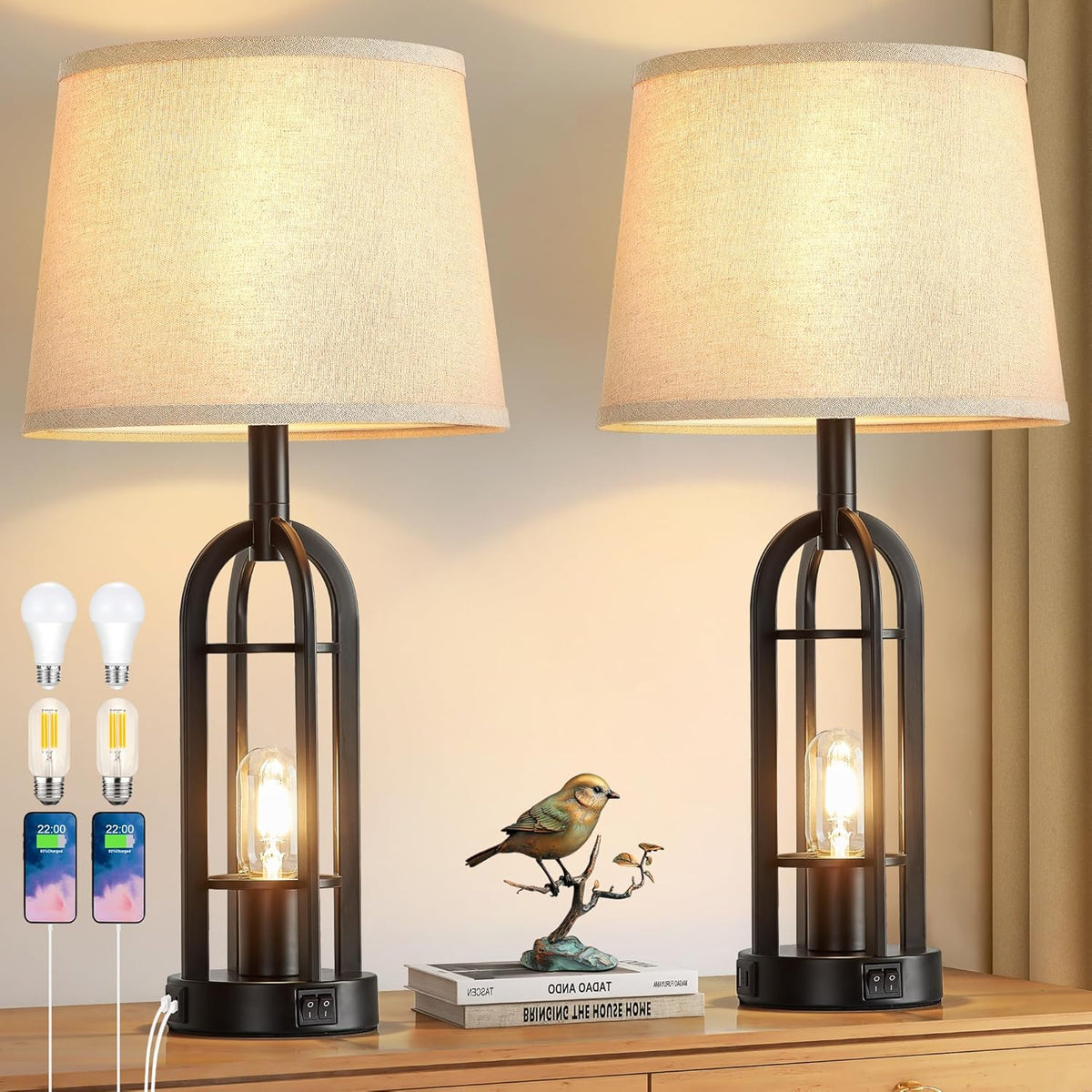 UNA PIEZA VIENE QUEBRADA-Lámparas de mesa negras SRJJA para sala de estar (juego de 2) - Lámparas de estilo rústico para mesitas de noche con USB A+C, lámparas de noche para dormitorio, lámpara industrial de 61 cm para mesas auxiliares de sala de estar
